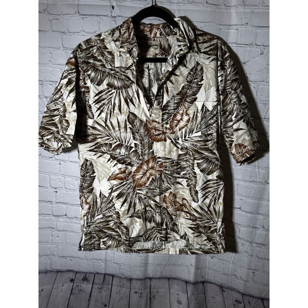 Hilo Hattie The Hawaiian Original Mens Medium Brown Palm Leaf Cotton Aloha Shirt